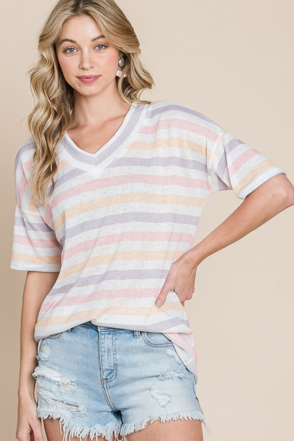 BOMBOM Striped V-Neck Short Sleeve T-Shirt-Teresa's Fashionista LLC