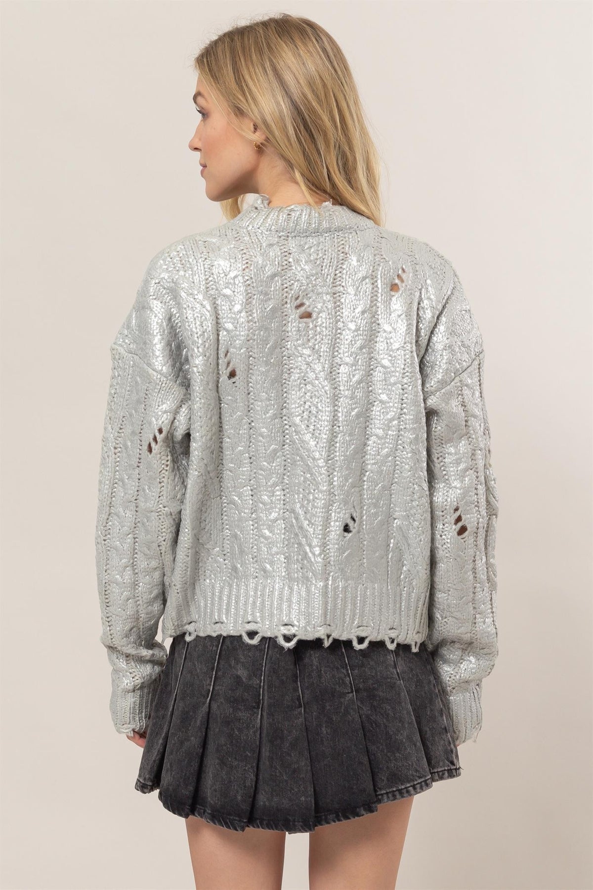 HYFVE Distressed Cable-Knit Round Neck Long Sleeve Sweater - Teresa's Fashionista LLC