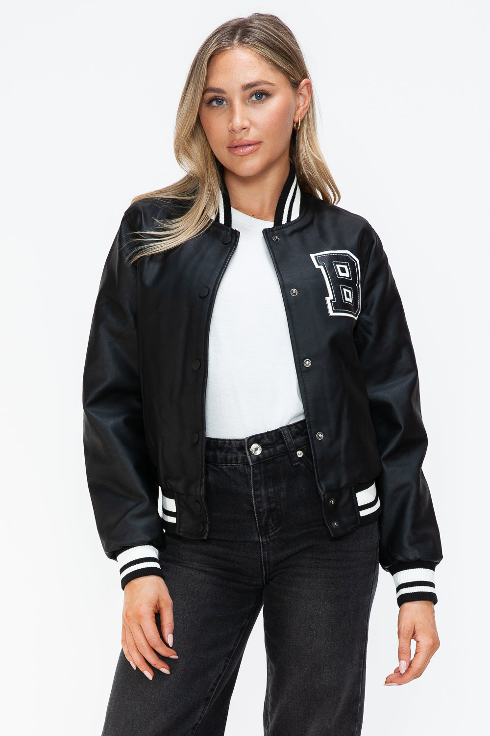 Love Me Now PU Leather Contrast Snap Down Bomber Jacket - Teresa's Fashionista LLC
