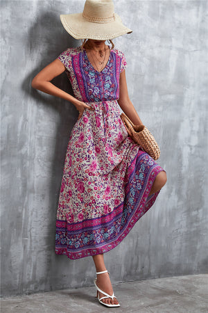 V-Neck Short Sleeve Printed Maxi Dress-Teresa's Fashionista LLC