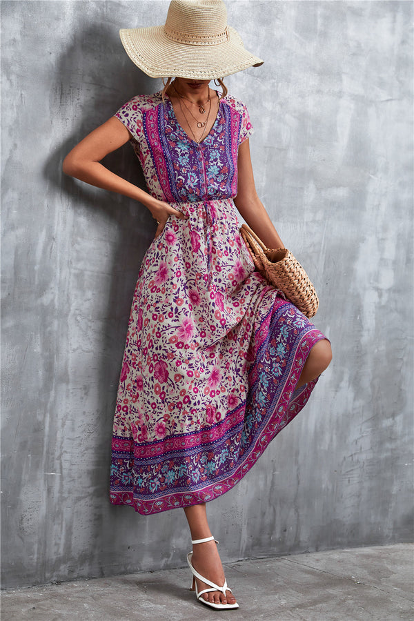 V-Neck Short Sleeve Printed Maxi Dress-Teresa's Fashionista LLC