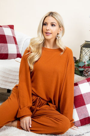 Super Lady Full Size Fuzzy Hacci Brush Round Neck Top and Pants Lounge Set - Teresa's Fashionista LLC