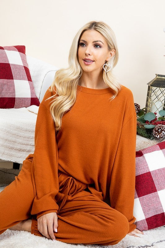 Super Lady Full Size Fuzzy Hacci Brush Round Neck Top and Pants Lounge Set - Teresa's Fashionista LLC