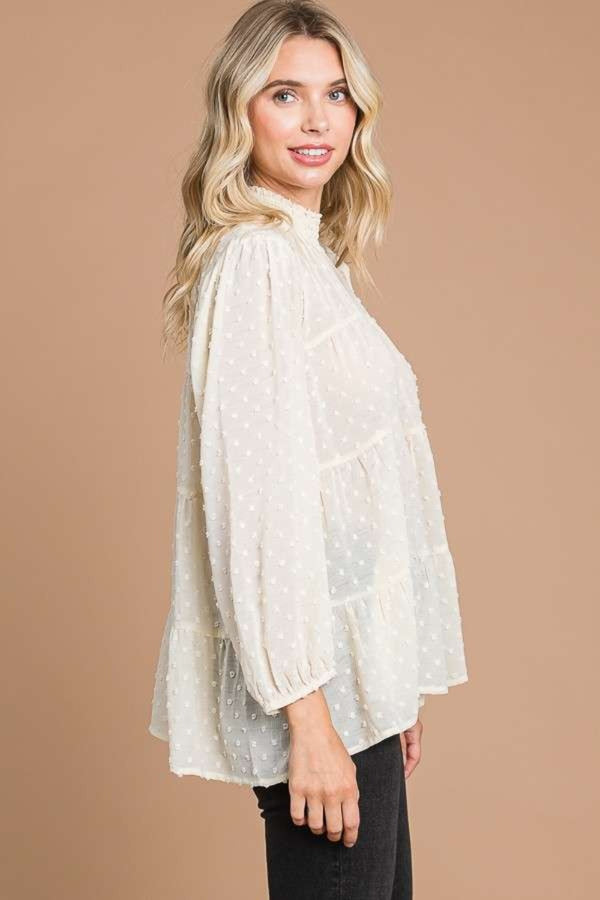 Culture Code Full Size Swiss Dot Smocked Mock Neck Blouse-Teresa's Fashionista LLC