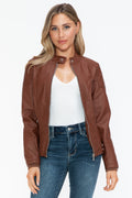 Snobbish Faux Leather Biker Jacket with Side Zip Pockets - Teresa's Fashionista LLC