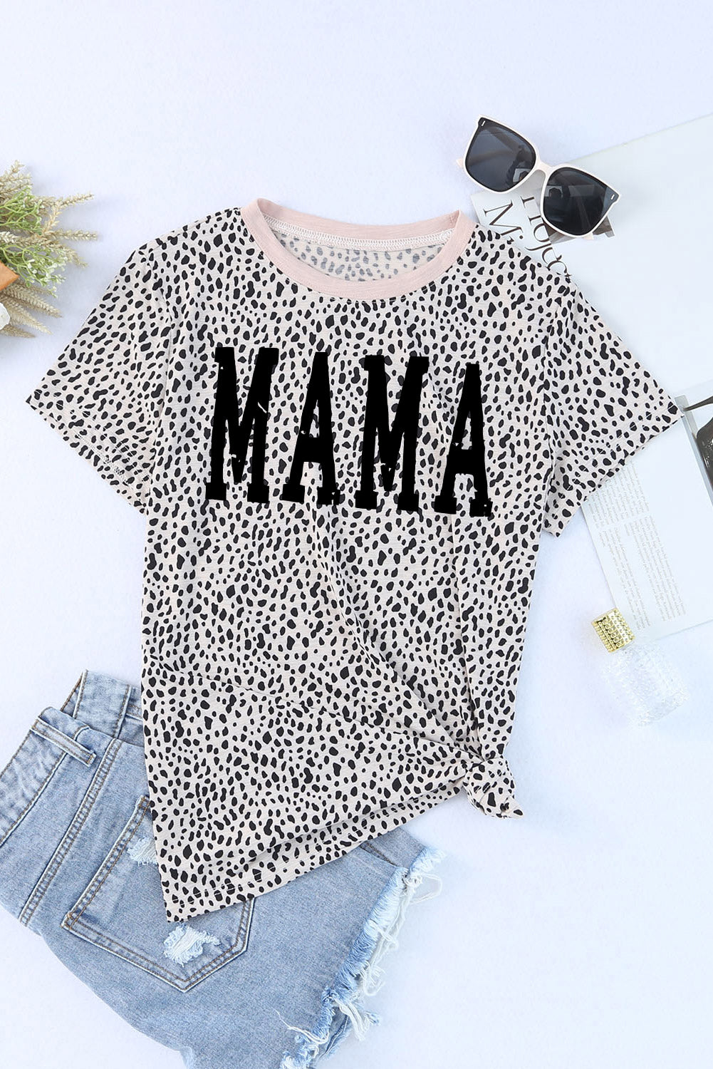 MAMA Animal Print Round Neck Short Sleeve T-Shirt-Teresa&#39;s Fashionista LLC