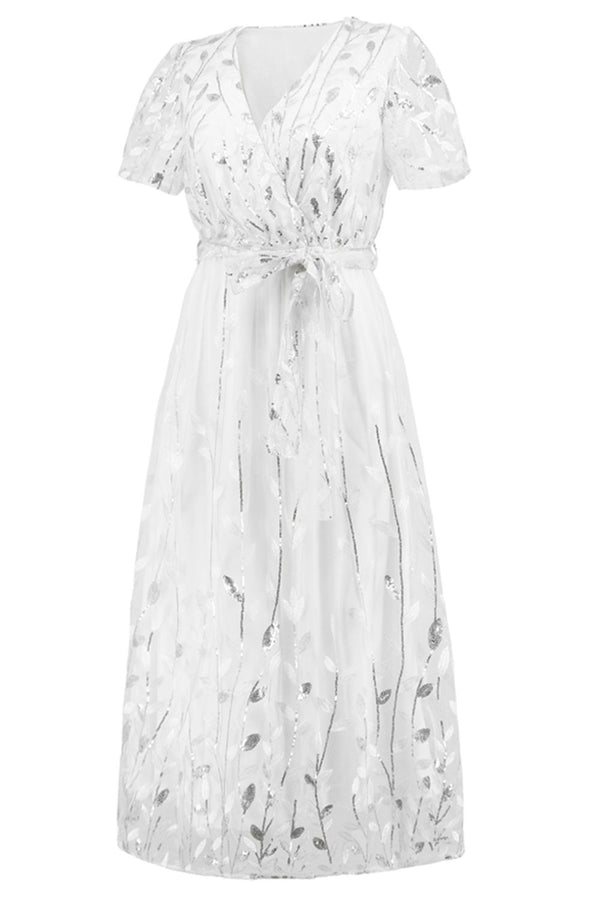 Sequin Leaf Embroidery Tie Front Short Sleeve Dress-Teresa's Fashionista LLC