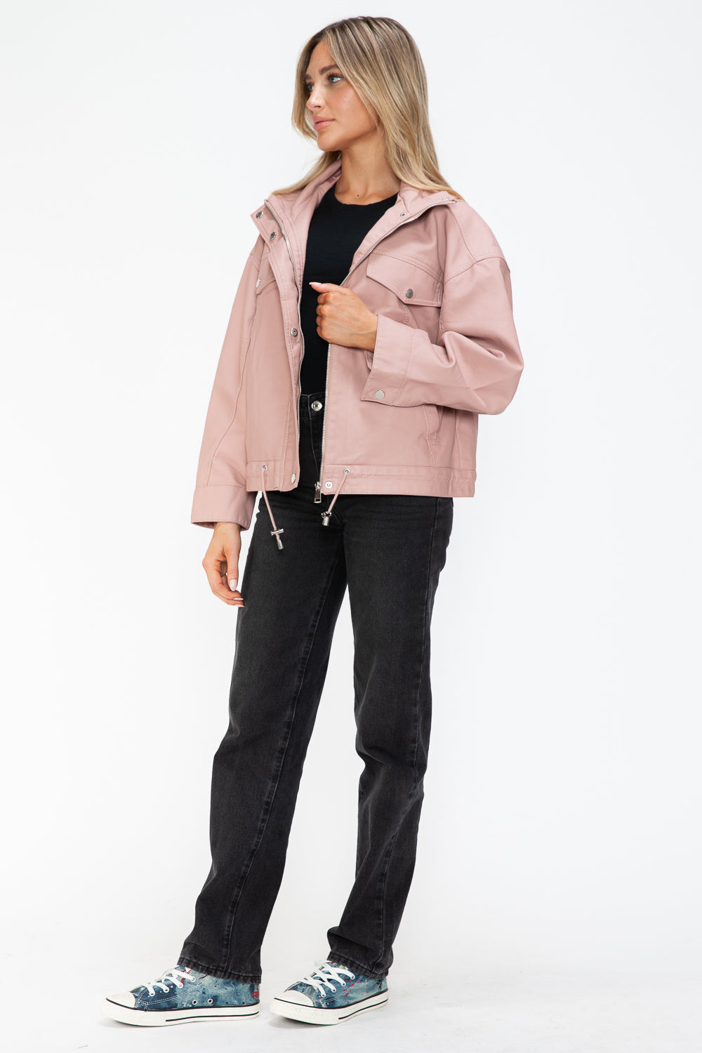 How Dare U Drawstring Hem PU Leather Zip Up Jacket - Teresa's Fashionista LLC