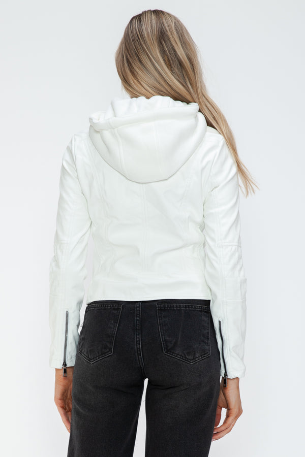 Snobbish Faux Leather Zip Up Drawstring Hooded Jacket - Teresa's Fashionista LLC