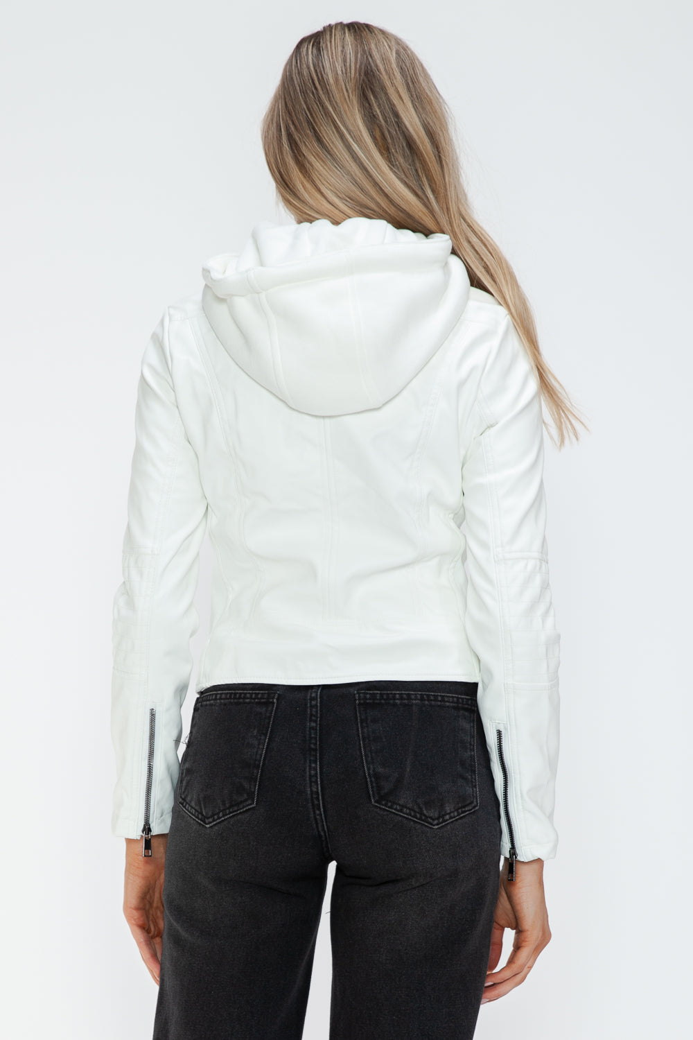 Snobbish Faux Leather Zip Up Drawstring Hooded Jacket - Teresa's Fashionista LLC
