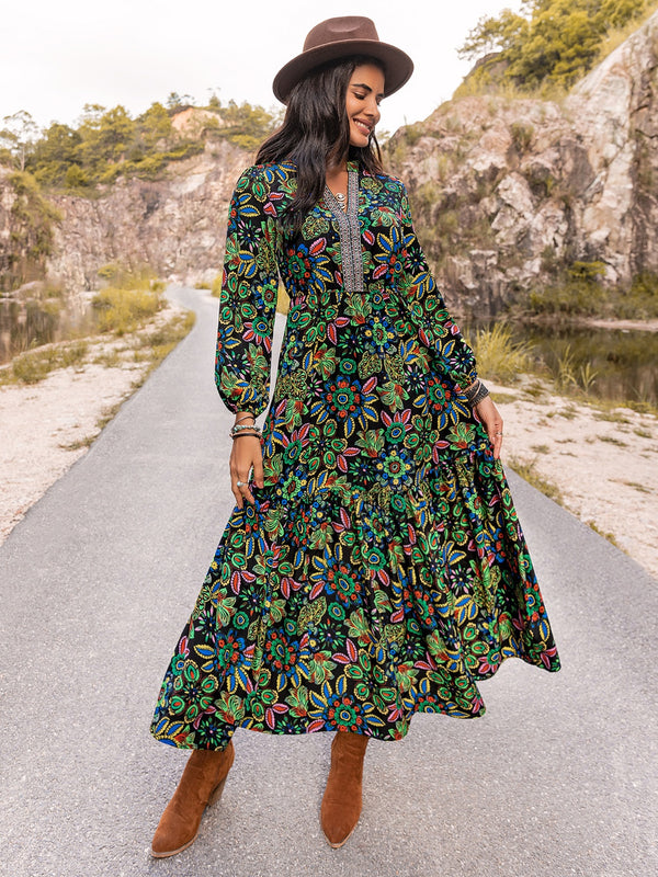 Printed Notched Neck Maxi Dress-Teresa's Fashionista LLC