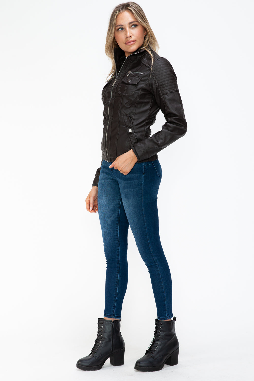 YMI Removable Faux Layered Multi-Pocket Jacket with Fuzzy Hood - Teresa's Fashionista LLC