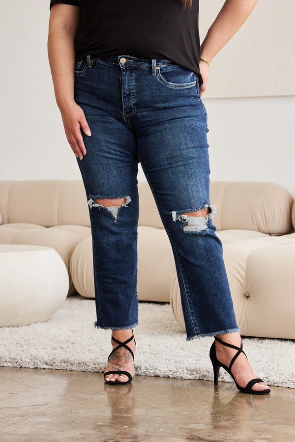 RFM Crop Dylan Full Size Tummy Control Distressed High Waist Raw Hem Jeans-Teresa's Fashionista LLC