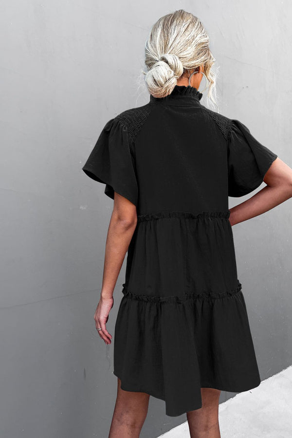 Frill Trim Smocked Tie Neck Dress-Teresa's Fashionista LLC
