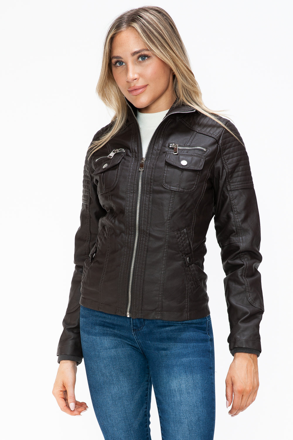 YMI Removable Faux Layered Multi-Pocket Jacket with Fuzzy Hood - Teresa's Fashionista LLC