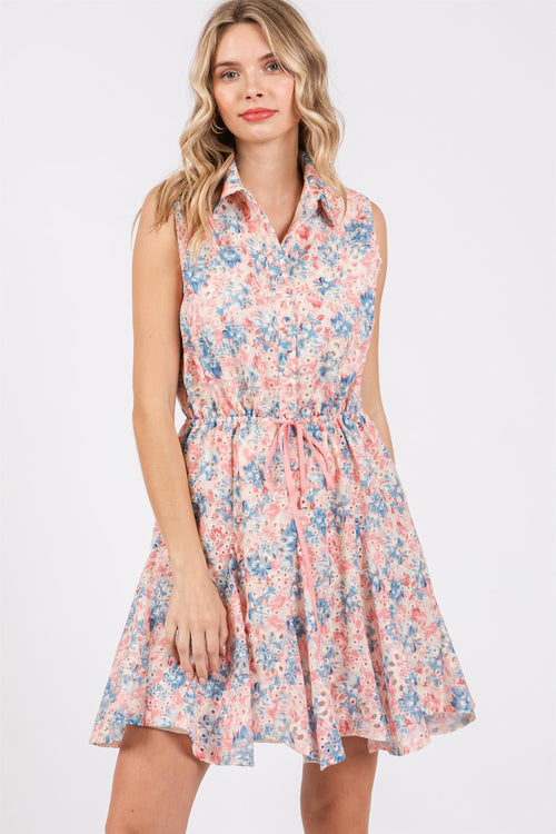 GeeGee Full Size Floral Eyelet Sleeveless Mini Dress-Teresa's Fashionista LLC