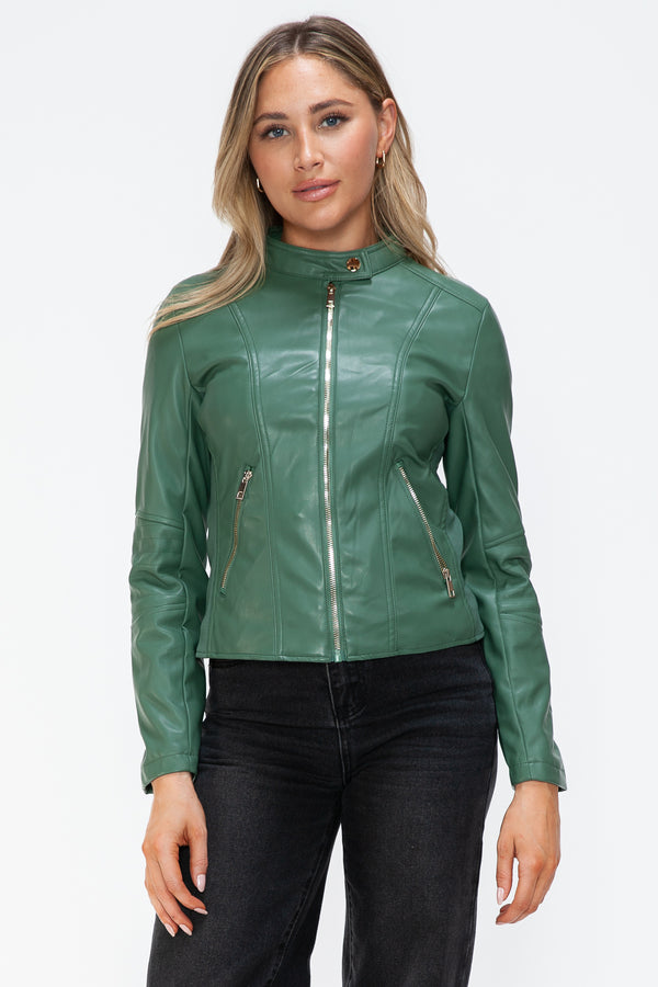 Snobbish Faux Leather Zip Up Drawstring Hooded Jacket - Teresa's Fashionista LLC
