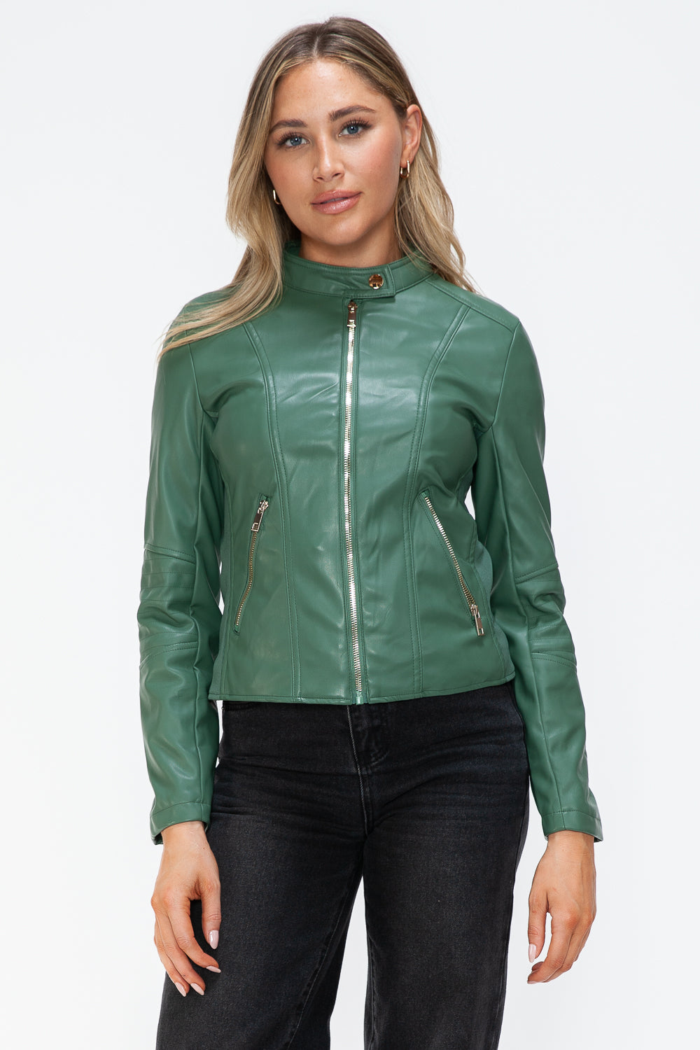 Snobbish Faux Leather Zip Up Drawstring Hooded Jacket - Teresa's Fashionista LLC