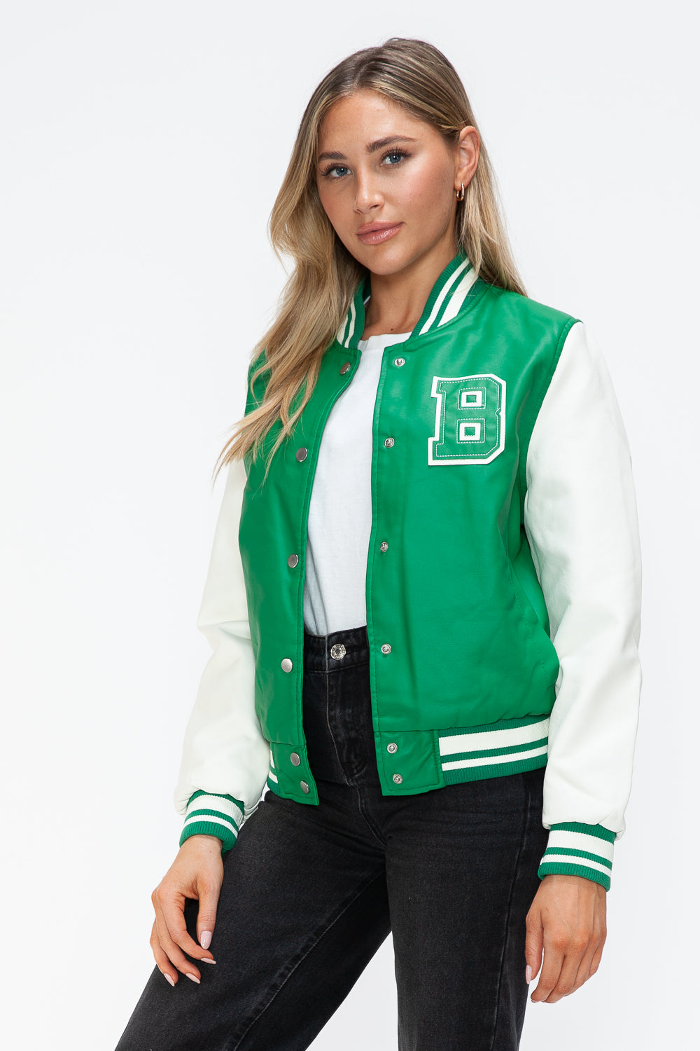 Love Me Now PU Leather Contrast Snap Down Bomber Jacket - Teresa's Fashionista LLC