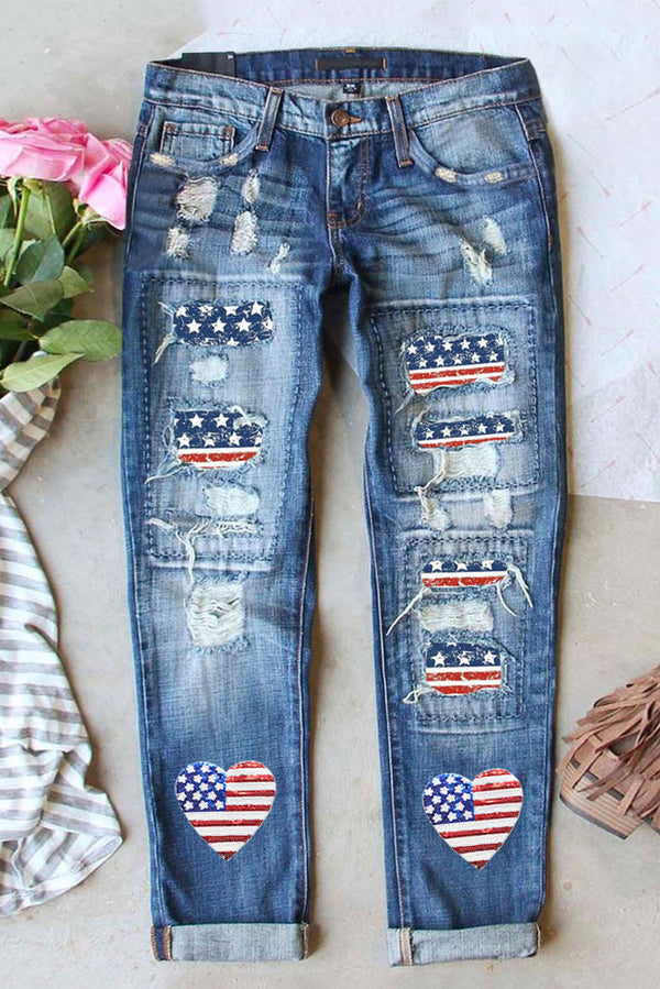 US Flag Distressed Straight Jeans-Teresa's Fashionista LLC