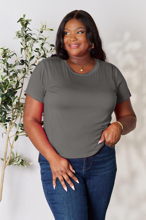Basic Bae full-size round neck short sleeve t-shirt in gray, featuring a slit design and slightly stretchy fit.