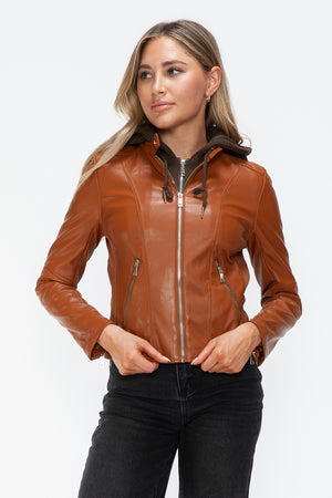 Snobbish Faux Leather Zip Up Drawstring Hooded Jacket - Teresa's Fashionista LLC