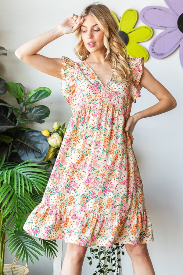 Heimish Full Size Floral Ruffled V-Neck Dress-Teresa's Fashionista LLC