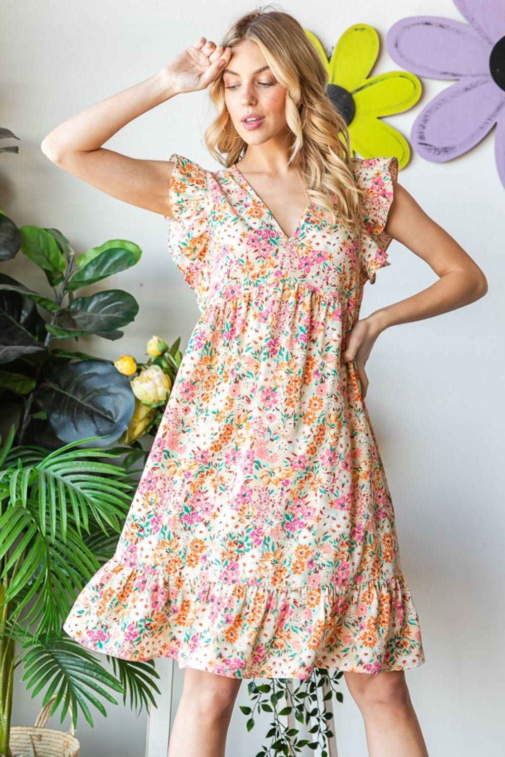 Heimish Full Size Floral Ruffled V-Neck Dress-Teresa&#39;s Fashionista LLC