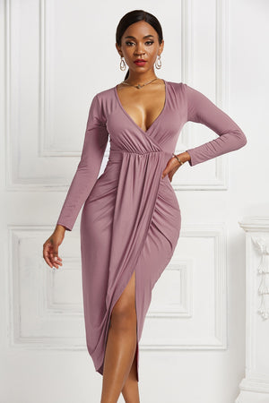 High-low Ruched Surplice Long Sleeve Dress-Teresa's Fashionista LLC