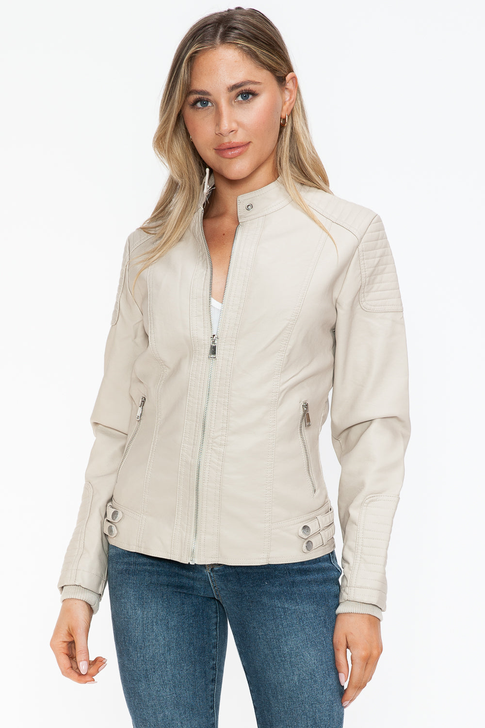 Snobbish Faux Leather Biker Jacket with Side Zip Pockets - Teresa's Fashionista LLC