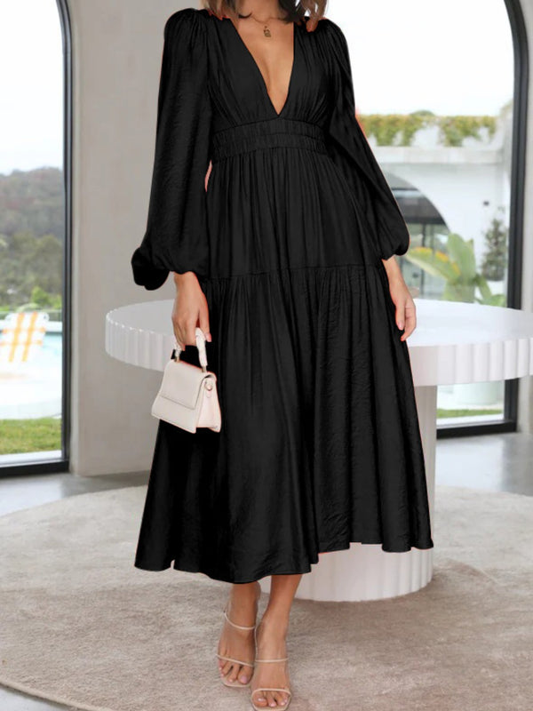 Deep V-Neck Balloon Sleeve Plain Maxi Dress-Teresa's Fashionista LLC