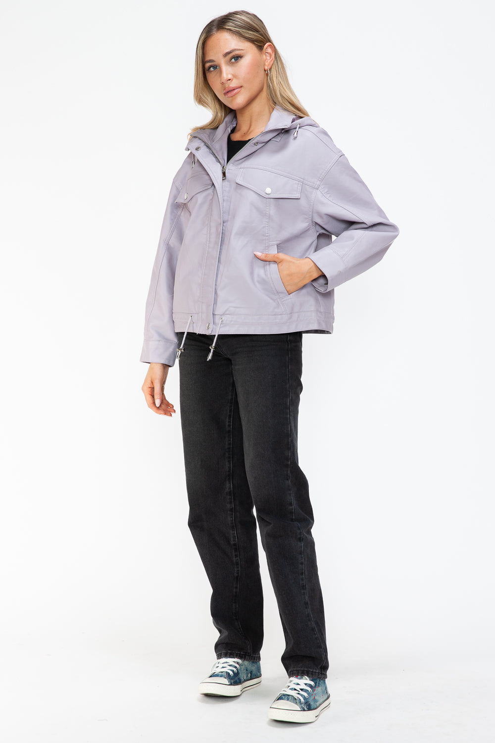 How Dare U Drawstring Hem PU Leather Zip Up Jacket - Teresa's Fashionista LLC