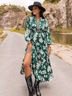 Printed Notched Neck Maxi Dress - Teresa's Fashionista LLC