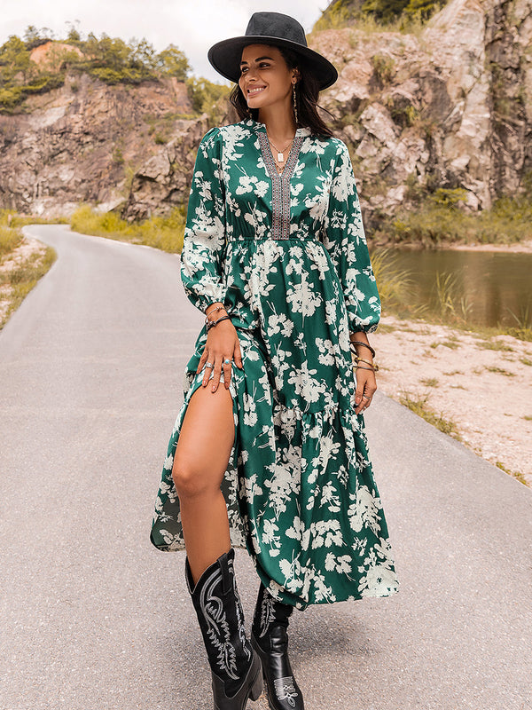 Printed Notched Neck Maxi Dress - Teresa's Fashionista LLC