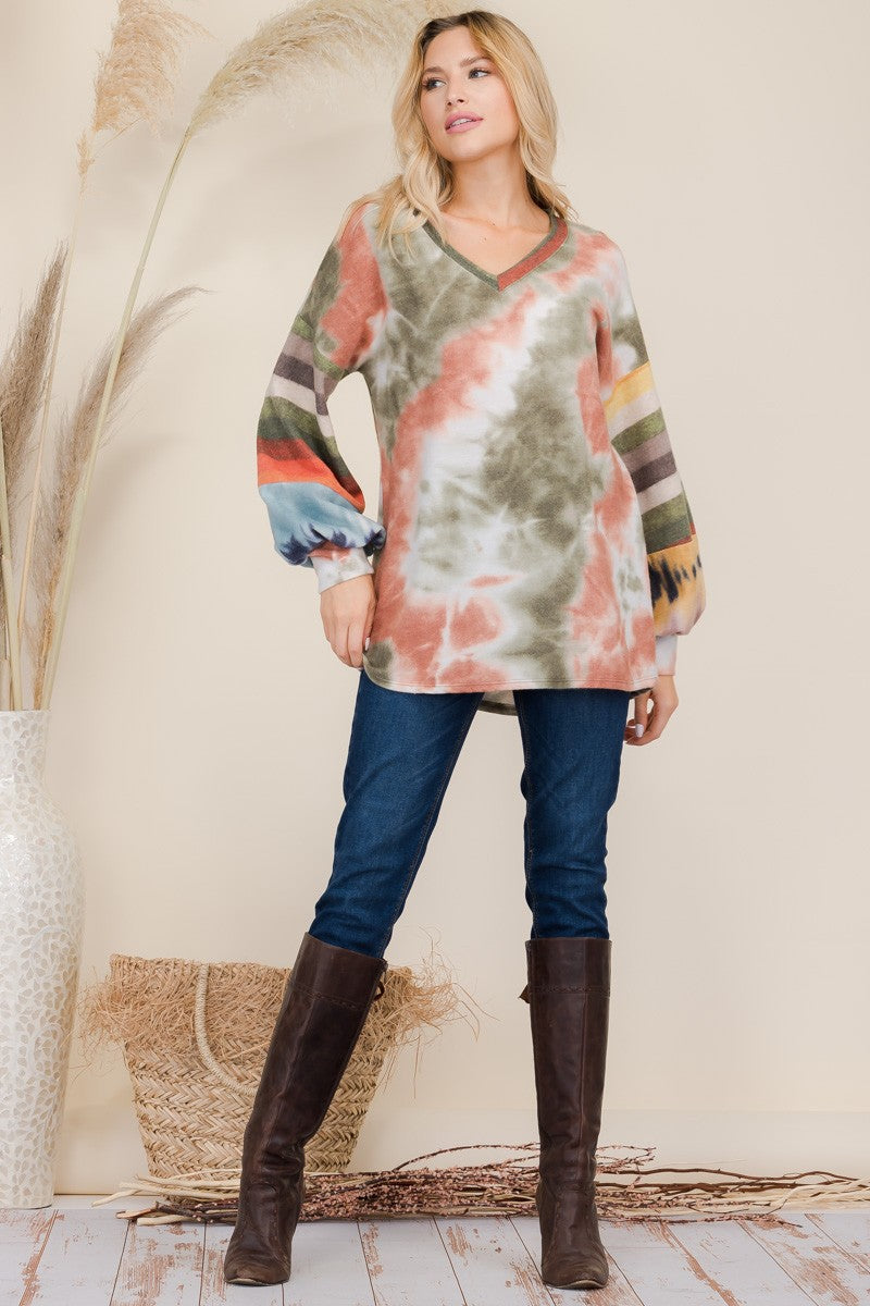 Celeste Full Size Tie-Dye Contrast Striped V-Neck Long Sleeve Blouse - Teresa's Fashionista LLC