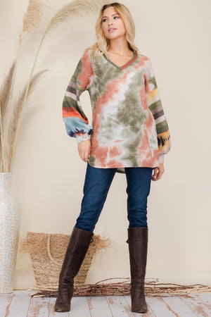 Celeste Full Size Tie-Dye Contrast Striped V-Neck Long Sleeve Blouse - Teresa's Fashionista LLC