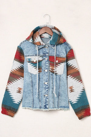 Drawstring hooded denim jacket with colorful patterned sleeves, front pockets, and button closure.
