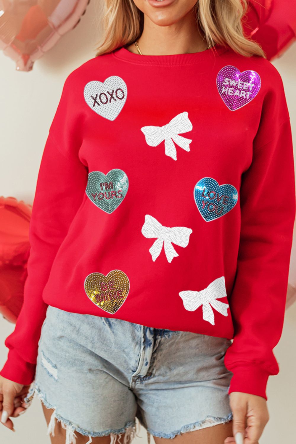Valentine’s Day Sequin Bow Heart Round Neck Sweatshirt - Teresa's Fashionista LLC