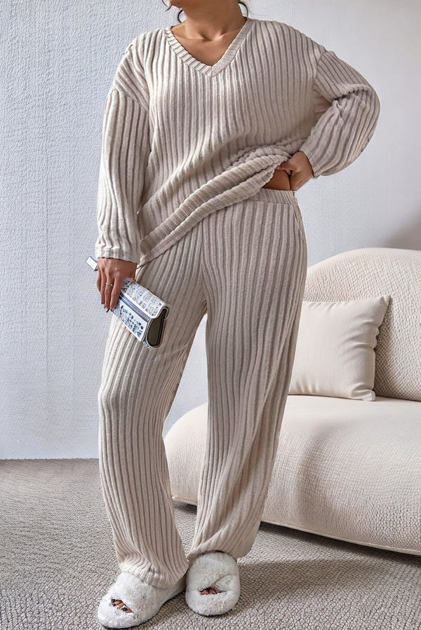 Plus Size Ribbed V-Neck Drop Shoulder Top and Pants Set-Teresa's Fashionista LLC