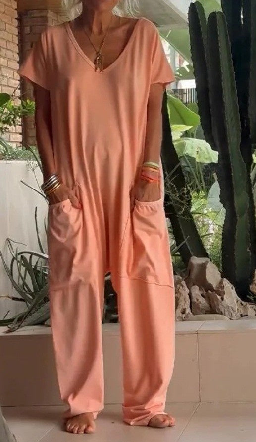 European And American Solid Color And V-neck Oversized Pocket Low-grade Jumpsuit - Teresa's Fashionista LLC