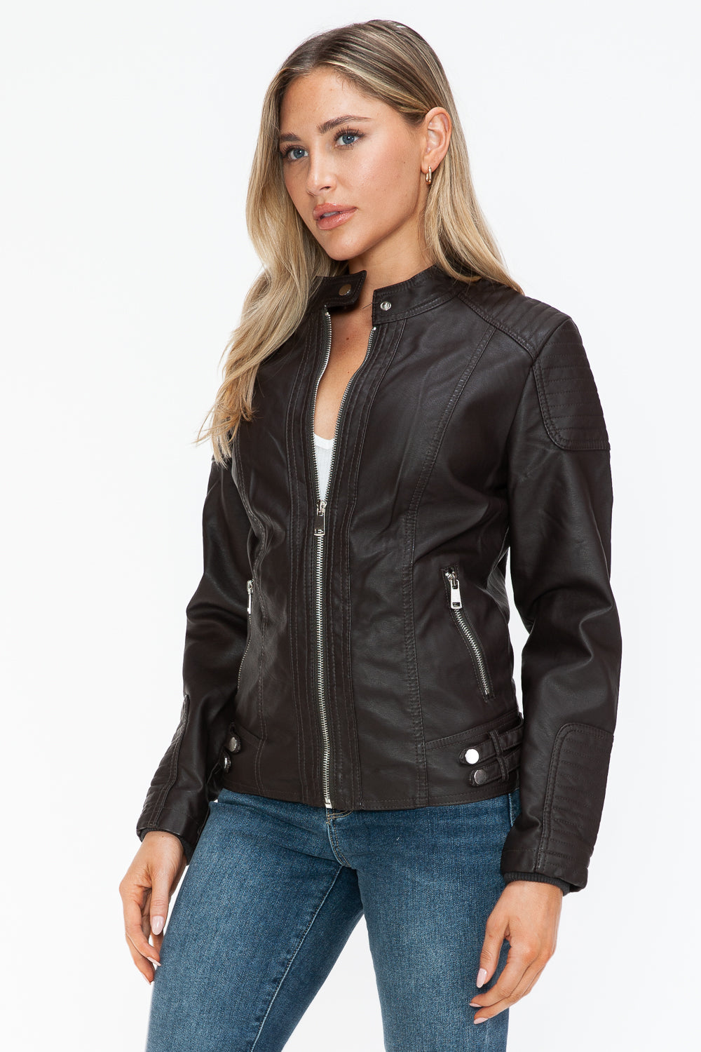 Snobbish Faux Leather Biker Jacket with Side Zip Pockets - Teresa's Fashionista LLC