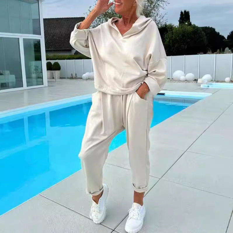 Women's Solid Color Hooded Sweatshirt Two-piece Set - Teresa's Fashionista LLC