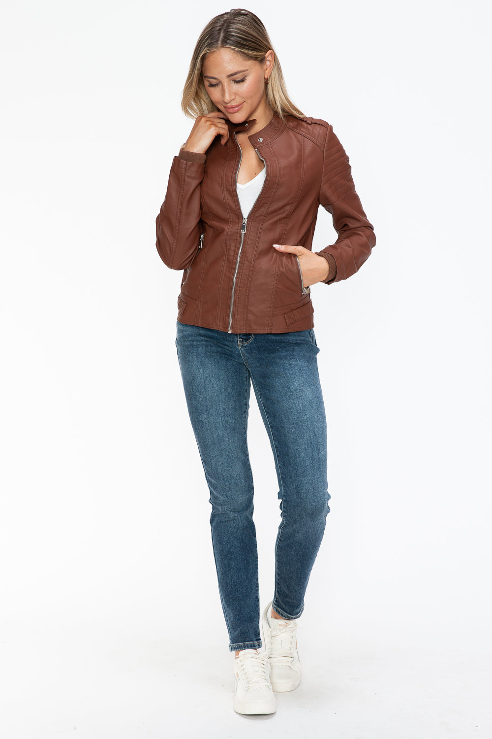 Snobbish PU Leather Biker Jacket with Side Zip Pockets - Teresa's Fashionista LLC