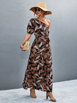 Printed Tie Waist One Shoulder Maxi Dress-Teresa's Fashionista LLC