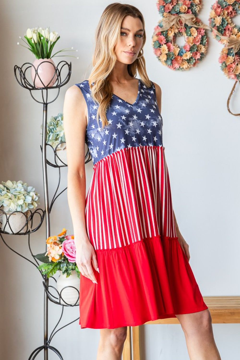 Heimish Full Size US Flag Theme Contrast Tank Dress-Teresa&#39;s Fashionista LLC