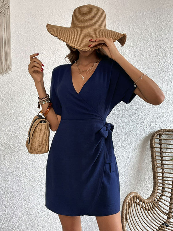 Tied Cuffed Sleeve Surplice Dress-Teresa's Fashionista LLC