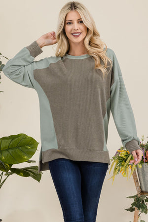 Celeste Full Size High-Low Contrast Round Neck Sweatshirt - Teresa's Fashionista LLC