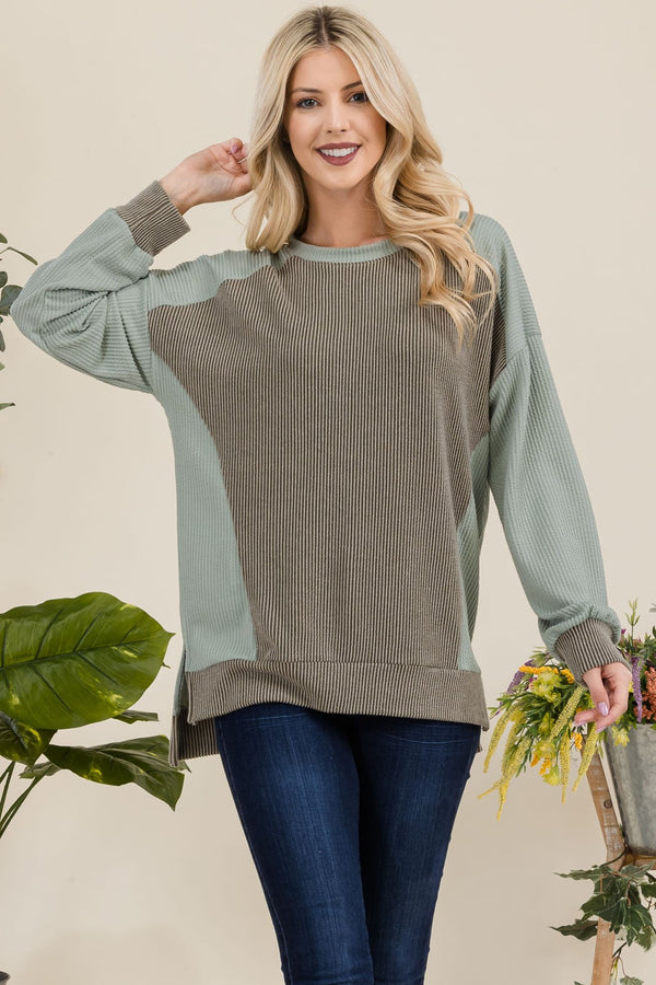 Celeste Full Size High-Low Contrast Round Neck Sweatshirt - Teresa's Fashionista LLC
