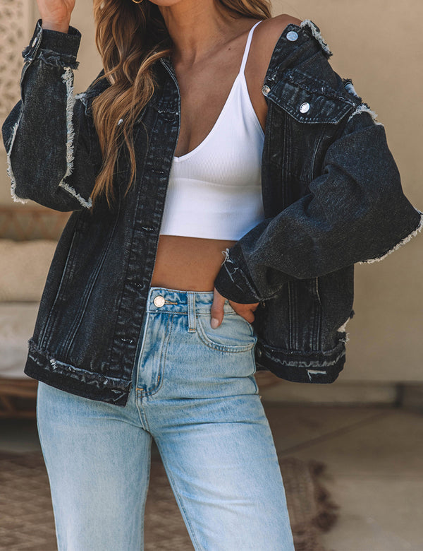 Button Up Raw Hem Distressed Denim Jacket-Teresa's Fashionista LLC