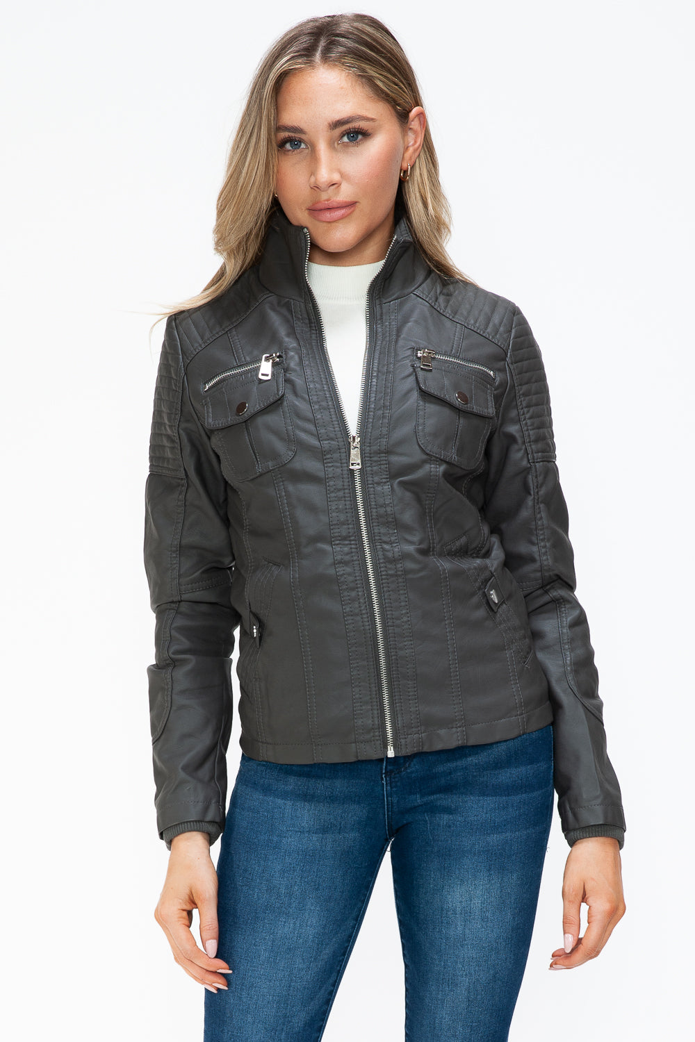 YMI Removable Faux Layered Multi-Pocket Jacket with Fuzzy Hood - Teresa's Fashionista LLC